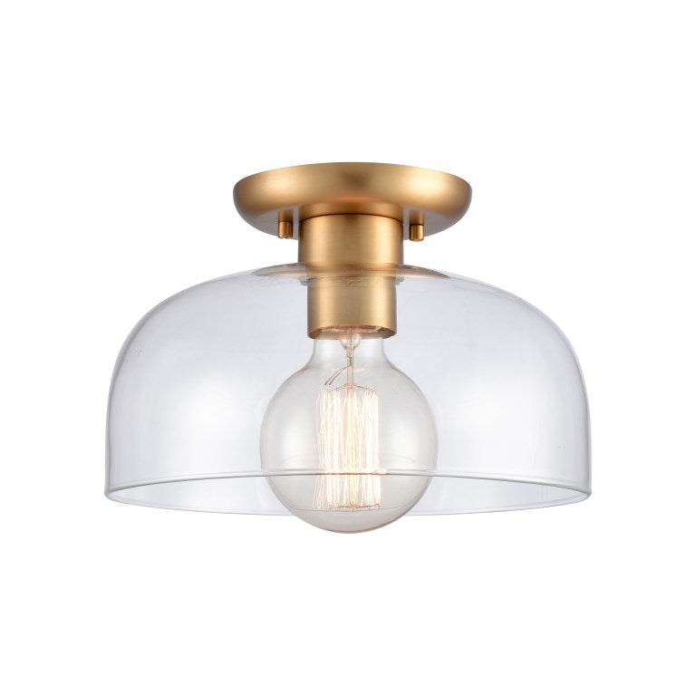 BREWER 10'' WIDE 1-LIGHT BRUSHED GOLD WITH TRANSPARENT GLASS SEMI FLUSH MOUNT